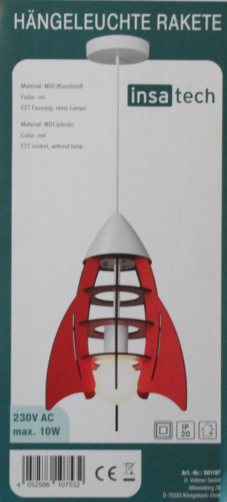 INSATECH LED Hängeleuchte Rakete rot MDF 1x E27 inkl RGB LED Lampe 7,5 Watt