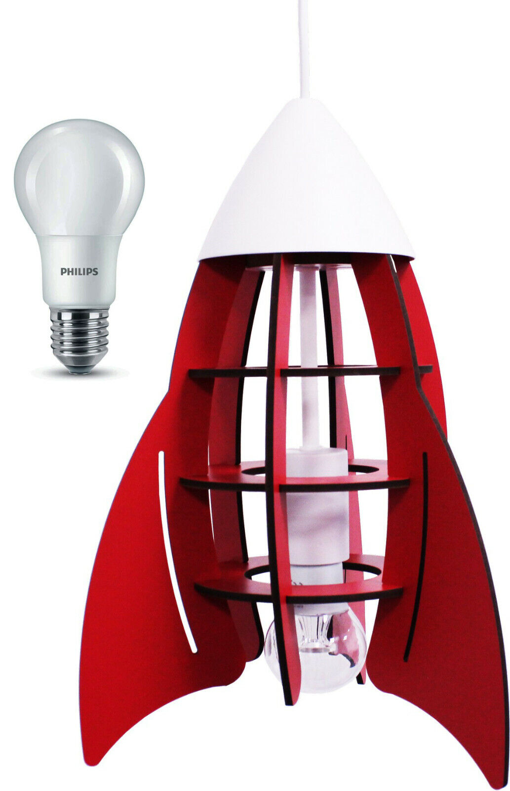 INSATECH LED Hängeleuchte Rakete rot MDF 1x E27 inkl Philips LED Lampe 6,5 Watt, warmweiß extra mit Lichtmenge 470 Lumen.