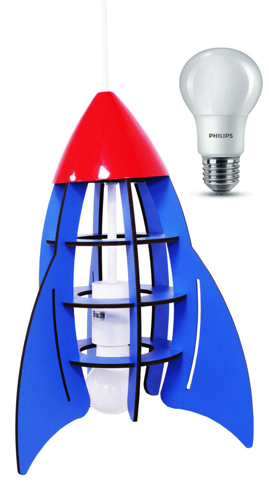 INSATECH LED Hängeleuchte Rakete blau MDF 1x E27 inkl Philips LED Lampe 6,5 Watt, warmweiß extra mit Lichtmenge 470 Lumen