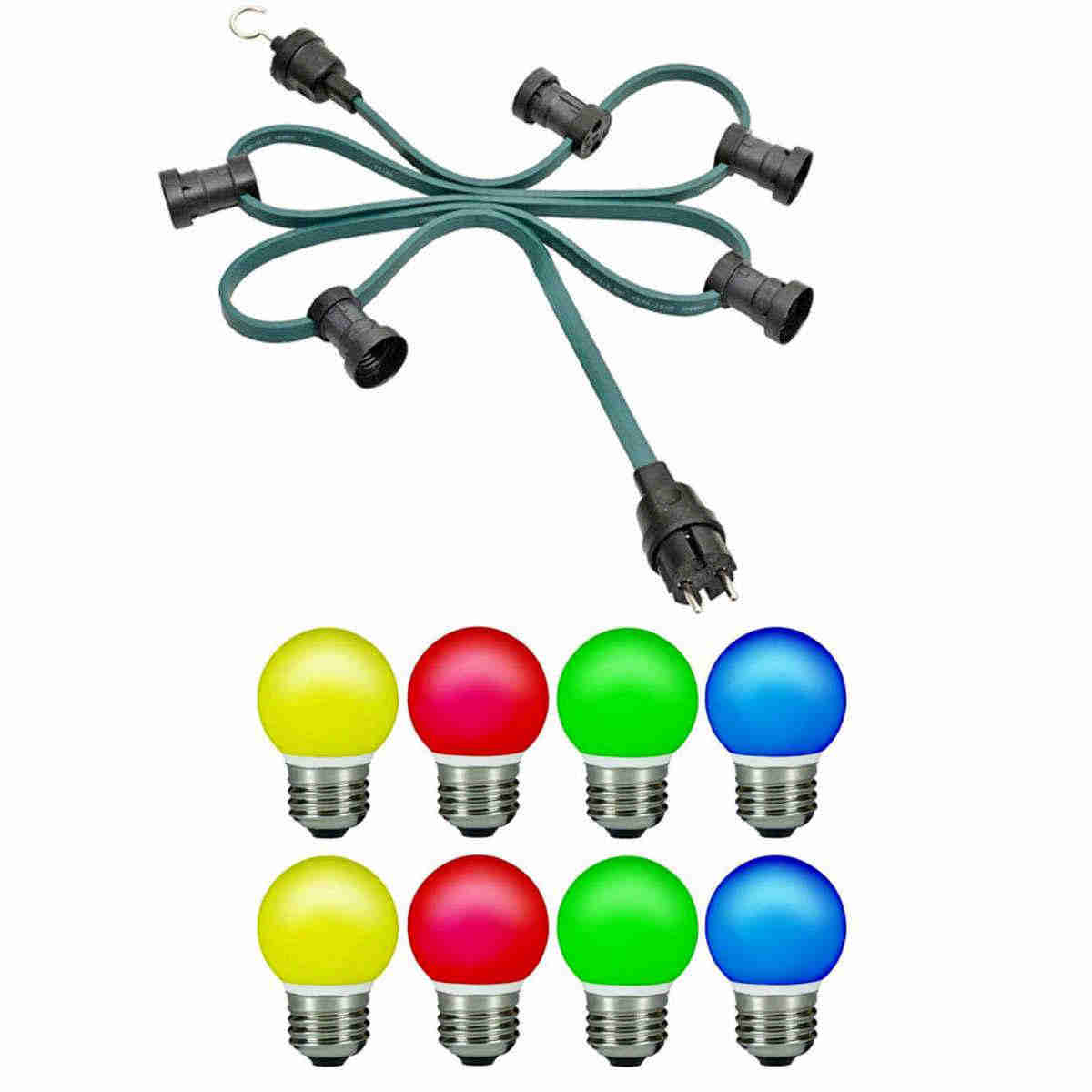 H05RNH2-F2x1,5 Illu-Lichterkette grün 10m IP44 inkl. 10x E27 Fassungen, 10x Dichtringe inkl. LED Tropfenlampen E27 rot, grün, gelb, rot, blau für innen und aussen (Kalt)