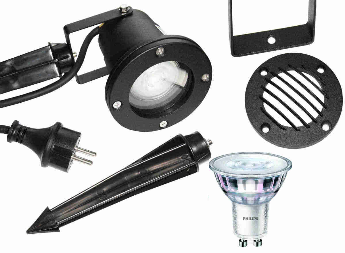 heitec - LDBS LED Strahler inkl. Philips LED 4 Watt GU10 mit Erdspieß Blendschutz Netzkabel 4,5 Watt GU10 827 Warmweiss extra 2700 Kelvin